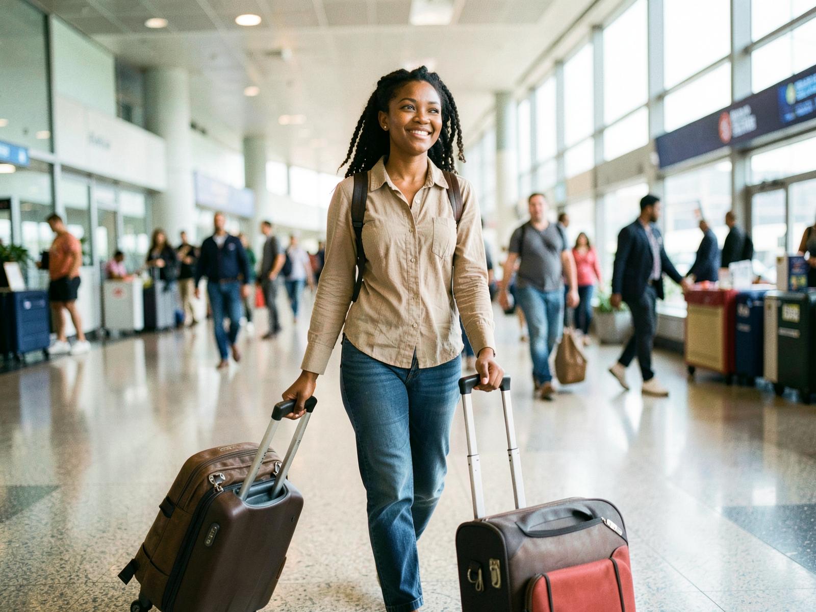 A traveller walking through an international airport departures hall