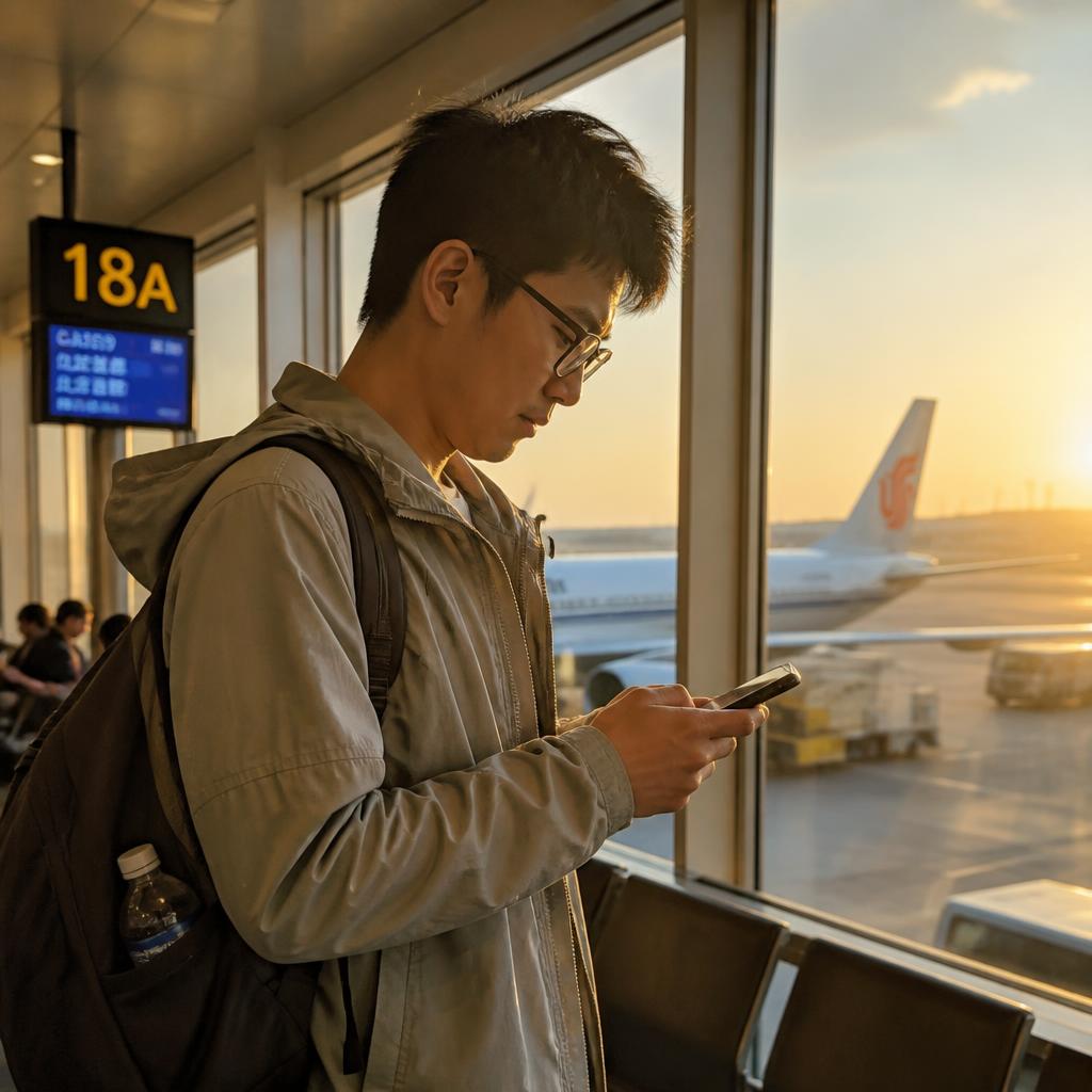 A traveler checking his flight at the gate