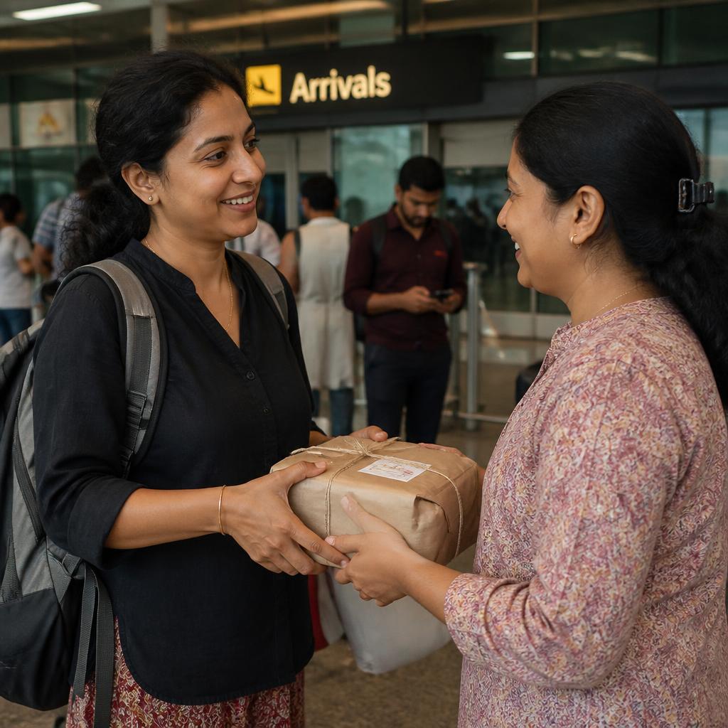 A traveler handing a parcel to family at arrivals